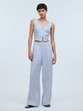 Madewell NWT Tall Harlow Wide Leg Linen Pants Size 14T Striped Bluestone Linen